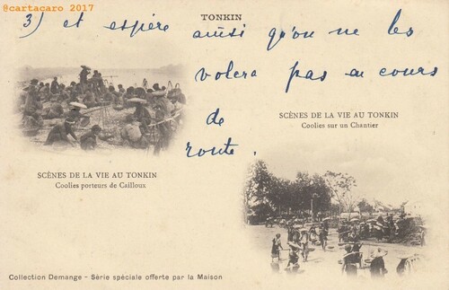Scènes de vie au Tonkin par Demange <br> Carte offerte aux clients de la maison Demange, marchand de tissus <br> #1056